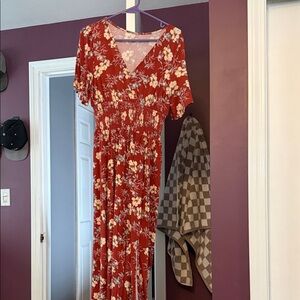 Floral V-Neck Red Maxi Dress